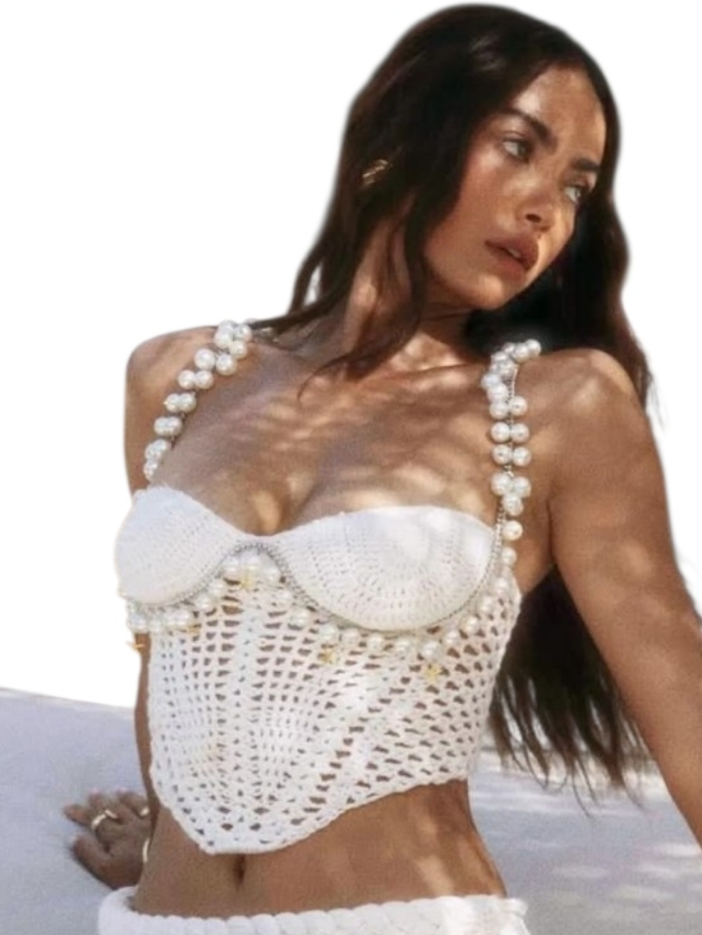 Boho Festival White Crochet Knit Pearl Jewel Embellished Strap Crop Top ONE SIZE
